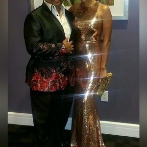 Rose Gold Sequin Long Sleeve Mock Neck Mermaid Maxi dress.